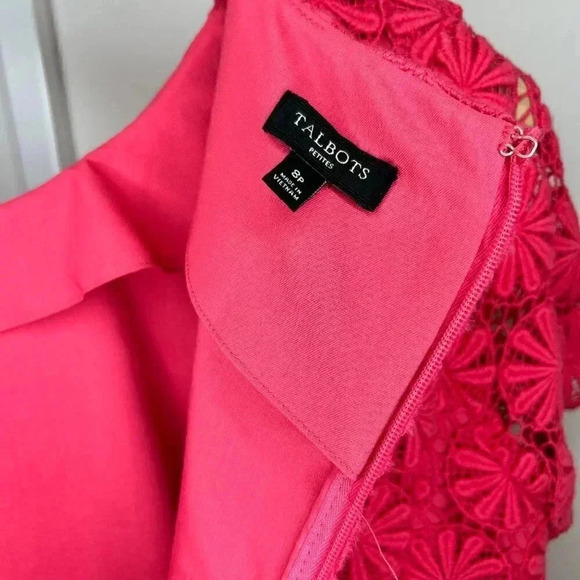 Talbots LaRosa Lace Size 8P Dress Short Sleeve Coral Pink Floral Lace Crochet - Picture 6 of 11